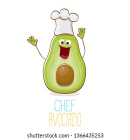 funny cartoon funky green tiny chef avocado character with chef hat isolated on white background. My name is avocado vector concept. vector healthy summer funky fruit character with cook hat