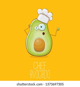 funny cartoon funky green tiny chef avocado character with chef hat isolated on orange background. My name is avocado vector concept. vector healthy summer funky fruit character with cook hat