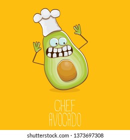 funny cartoon funky green tiny chef avocado character with chef hat isolated on orange background. My name is avocado vector concept. vector healthy summer funky fruit character with cook hat