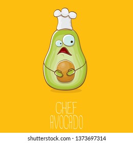 funny cartoon funky green tiny chef avocado character with chef hat isolated on orange background. My name is avocado vector concept. vector healthy summer funky fruit character with cook hat