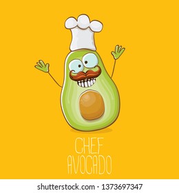 funny cartoon funky green tiny chef avocado character with chef hat isolated on orange background. My name is avocado vector concept. vector healthy summer funky fruit character with cook hat