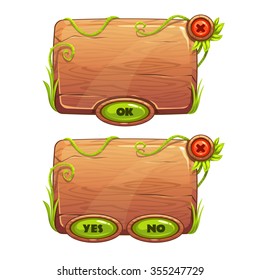 Funny cartoon game panels in jungle style, wooden gui elements, vector isolated assets