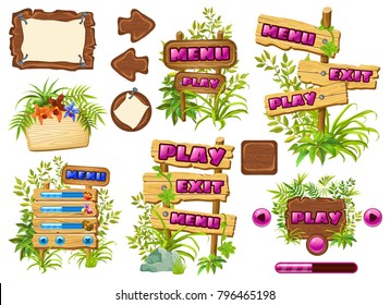 Funny cartoon game panels in jungle style, wooden gui elements with leaves and liana.