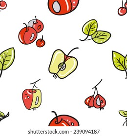 Funny cartoon garden fruit and leafs vector seamless pattern. 