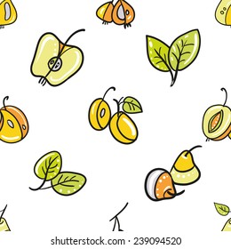 Funny cartoon garden fruit and leafs vector seamless pattern. 