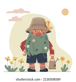 Funny cartoon gardener dwarf with a watering can. Children vector illustration.