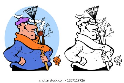 Funny Cartoon Gardener Janitor With Rake Resting And Smoking Outdoors