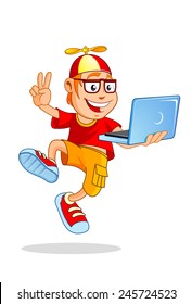 Funny cartoon geek boy wearing a propeller beanie with notebook.