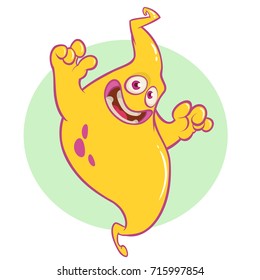 Funny cartoon genie character smiling. Vector illustration of scary ghost. Design for print, sticker, party decoration, children book, logo, emblem or merchandise
