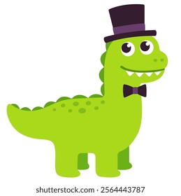 Funny cartoon gentleman dinosaur with top hat and bow tie. Cute vector illustration.