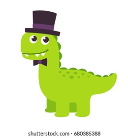 Funny cartoon gentleman dinosaur with top hat and bow tie. Cute vector illustration.