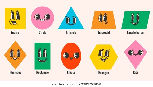 Caricatura divertida geométrica diferentes formas con emociones felices. Dibujo vectorial personajes lindos planos aislados.Estilo retro