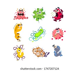 Funny cartoon germs set. Angry ugly bacteria and virus characters, funny microbes and bacillus. Vector illustration for medicine, organism, danger, epidemic concepts
