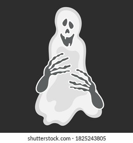 
Funny cartoon ghost with bony hands on a black background.
Halloween humorous character.
Vector.