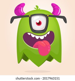 Funny cartoon ghost character cyclops with one eye. Illustration of cute and happy mythical monster alien creature. Halloween design. 