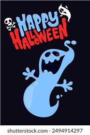 Funny cartoon ghost character design. Halloween illustration or party invitation.