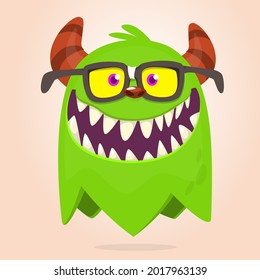 Funny cartoon ghost character wearing eyeglasses. Illustration of cute and happy mythical monster alien creature. Halloween design.