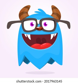Funny cartoon ghost character wearing eyeglasses. Illustration of cute and happy mythical monster alien creature. Halloween design.