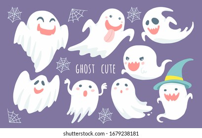 Funny cartoon ghost cute.Hand drawn,Vector illustration.