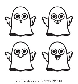 Funny cartoon ghost drawing set with different expressions. Cute Halloween vector illustration.