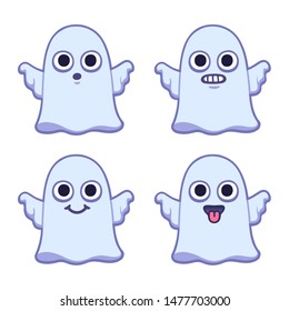 Funny cartoon ghost drawing set with different expressions. Cute Halloween vector illustration.