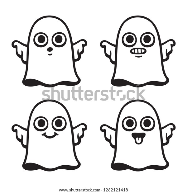 Funny cartoon ghost drawing set with different expressions. Cute