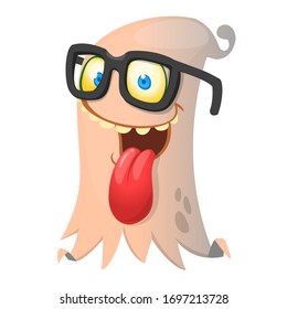 Funny cartoon ghost with eyeglasses. Vector Halloween illustration