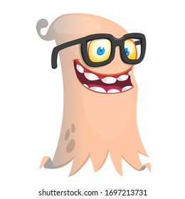 Funny cartoon ghost with eyeglasses. Vector Halloween illustration