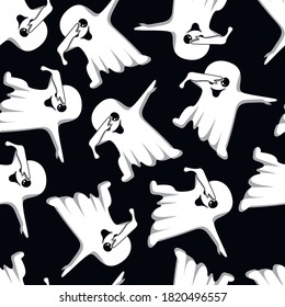 Funny cartoon Ghost make DAB move, dancing hip hop style. Halloween seamless pattern. Vector illustration.