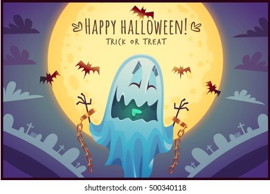 Funny cartoon ghost on full moon sky background Happy Halloween poster Trick or treat greeting card Vector illustration