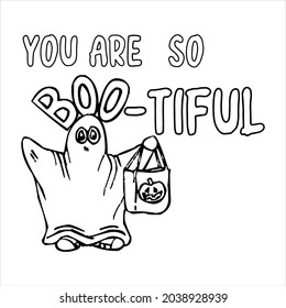 Funny cartoon ghost pun inscription You are very boo-tiful.Halloween t shirts design is perfect for projects, to be printed on t-shirts . 