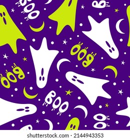 Funny cartoon ghost seamless pattern. Vector illustration for halloween.
