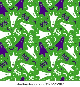 Funny cartoon ghost seamless pattern. Vector illustration for halloween.