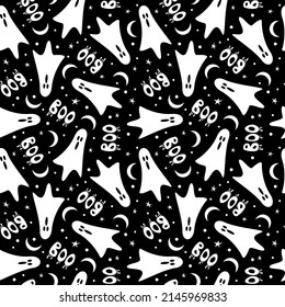 Funny cartoon ghost seamless pattern. Vector illustration for halloween.