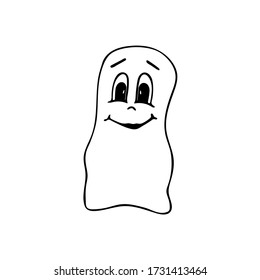 Funny cartoon ghost. Vector emotion doodle illustration. Smile. Expressive eyes and mouth, smiling character face.