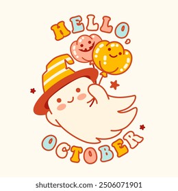 Funny cartoon ghost in a witch hat holding pumpkin shaped balloons and flying. Playful Halloween, cheerful fall holiday print. Hand drawn vector illustration.