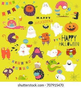 Funny cartoon ghosts and monsters halloween