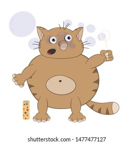 Funny cartoon ginger cat blows soap bubbles. Isolated on a white background.