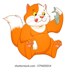 Funny cartoon ginger cat going to eat fish. 