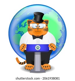 Funny cartoon ginger fat cat with glasses, top hat, white shirt and black pants. Puss gentleman. Tribune and planet Earth