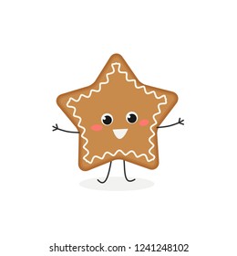 Funny cartoon gingerbread cookie in the shape of a star. Vector flat illustration isolated on white background