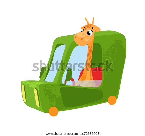 Funny cartoon giraffe in car. Vector illustration\
for t-shirt prints, children books, greeting cards, posters,\
stickers or decor