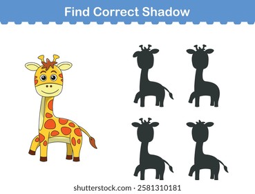 Funny cartoon giraffe. find the correct shadow. Kids Education games. Cartoon vector illustration