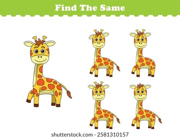 Funny cartoon giraffe. Find same pictures. Educational game for children. Cartoon vector illustration