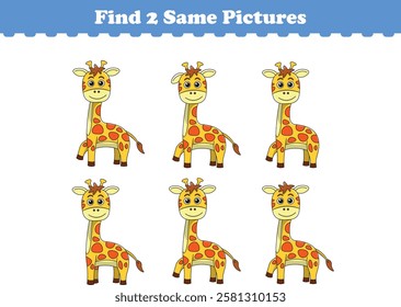 Funny cartoon giraffe. Find two same pictures. Educational game for children. Cartoon vector illustration