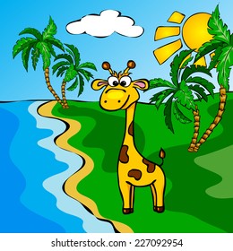 Funny cartoon giraffe near a river. Vector illustration for children