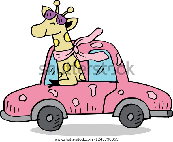 Funny cartoon\
giraffe on car. White\
background.