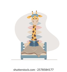 Funny cartoon giraffe reading a book in a bed. Cute animal getting ready for bed. Nice character for kids.