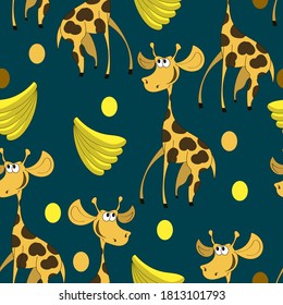 funny cartoon giraffes and bunches of bananas are randomly arranged on a dark azure background. cute seamless pattern with giraffes. vector
