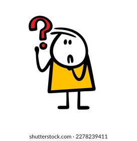 Funny cartoon girl and a big red question mark. Vector illustration surprised stickman asks.